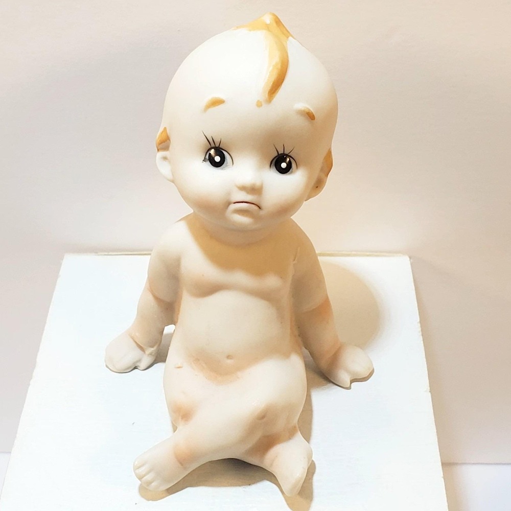Vintage Kewpie Sitting Thinking Bisque Blue Wing Cherub Figurine Made In Japan